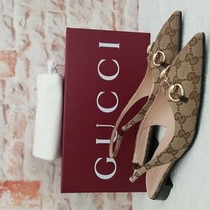 Gucci Tan Monogram Slingback Flats